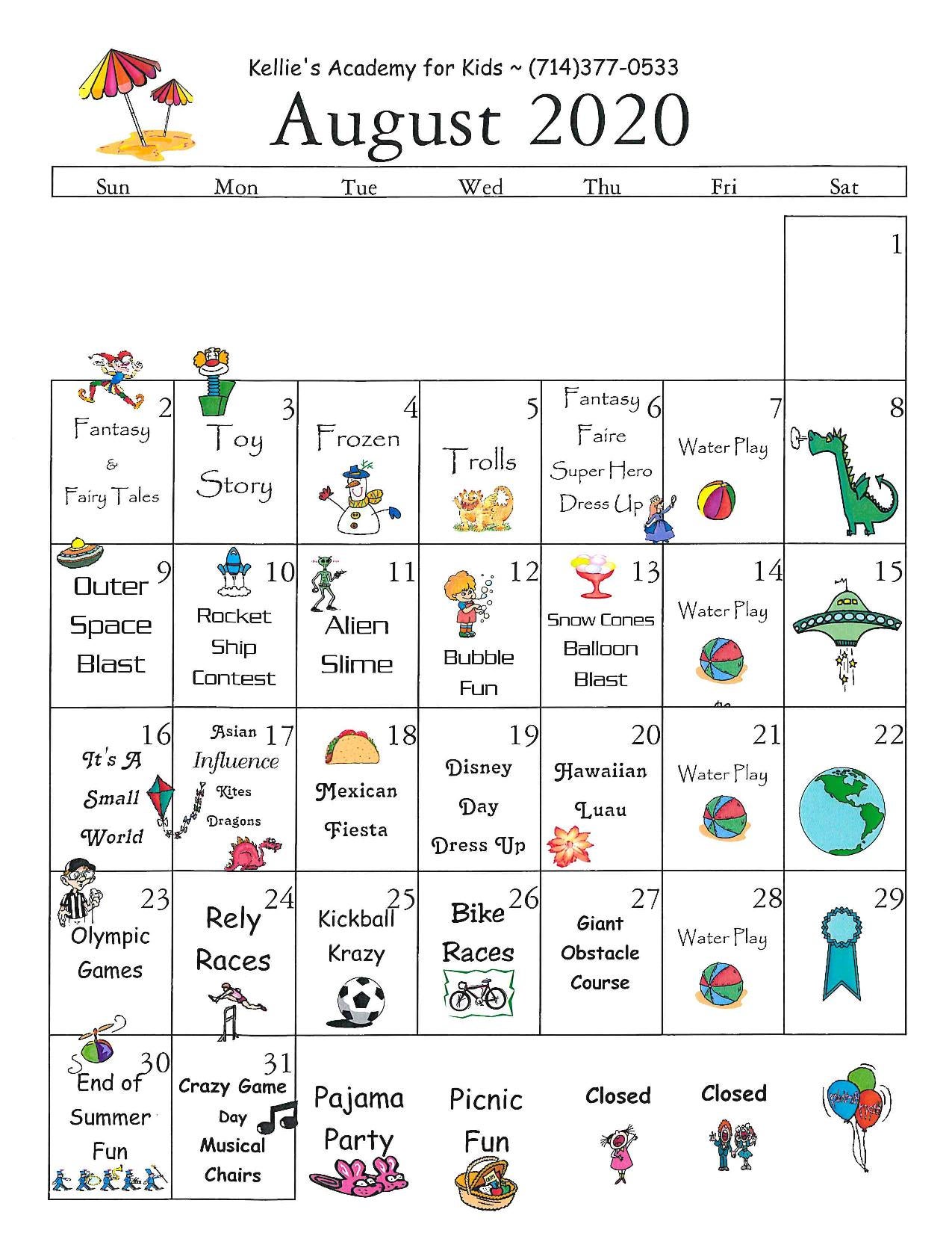 Kellie s Academy For Kids Summer Camp August Calendar