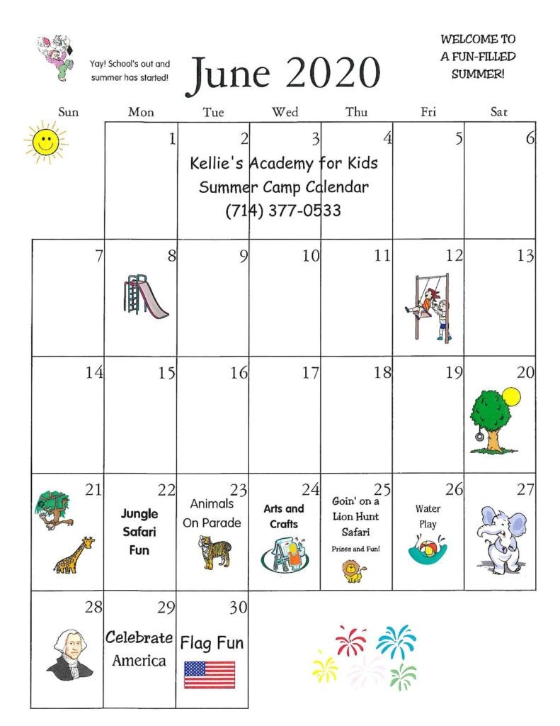 kellies academy for kids summer camp june calendar