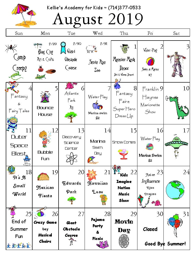 Kellie s Academy For Kids Summer Camp August Calendar